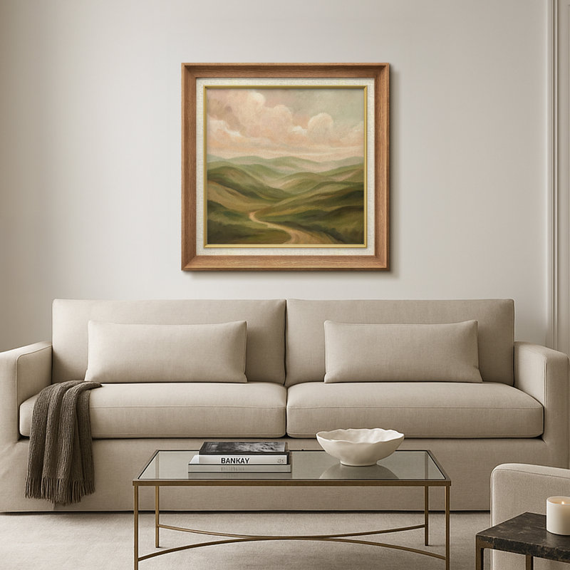 «Soft Green Hills and Winding Path Landscape», impression sur toile encadrée, Cadre naturel de qualité supérieure