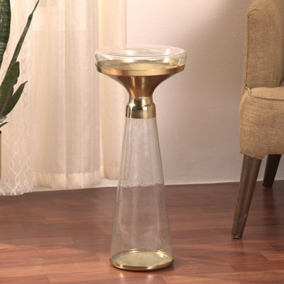 Modern Decorative Round Drink Table with Glass Base and Top with Gold Metal accent