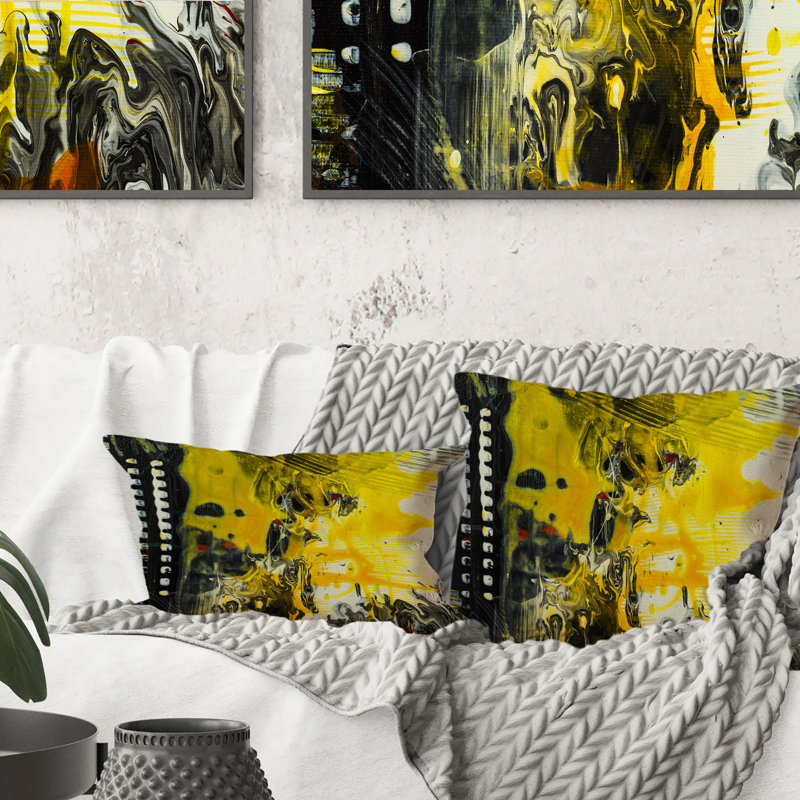 Coussin jaune avec imprimé d'art moderne noir et blanc, 16 po x 16 po