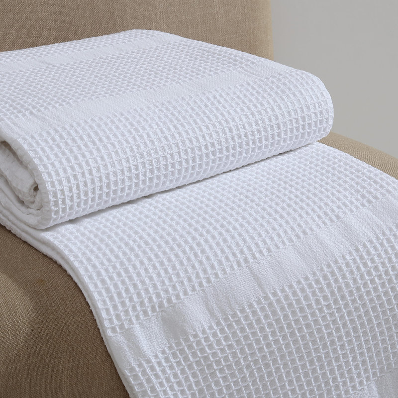 Calvin Klein Waffle Stripe Cotton Reversible Blanket, White, Queen