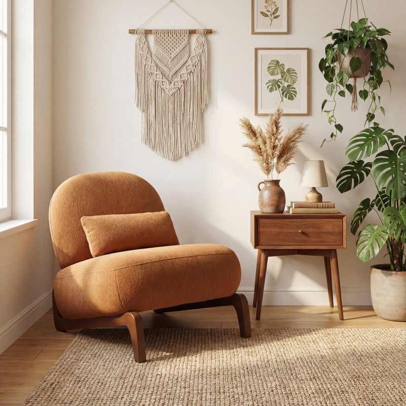 Méridienne Mid-Century moderne avec base traîneau, Coton chaud caramel