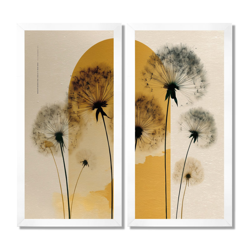 «Spring Spring Dandelion Sunset - Pissenlit, impressions sur toile, art floral sur toile noir 2 pièces, H 20 po x l 24 po