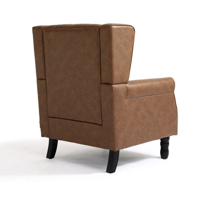 Duward Faux Leather Brown Button Tufted Wingback Accent Chair with Rolled Arm and Thick Padded Cushion
