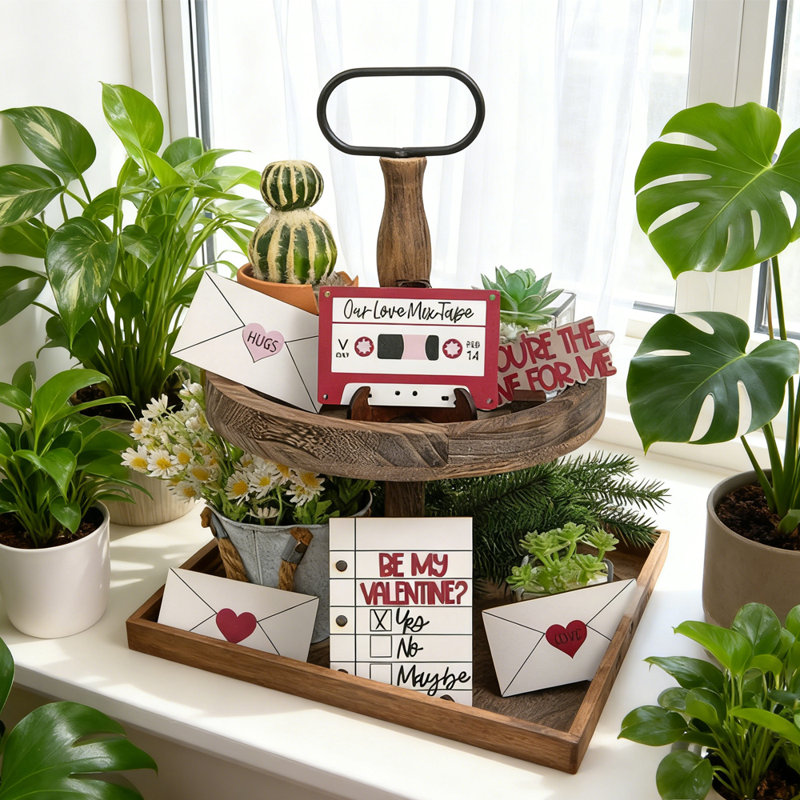 Ensemble de décorations de plateaux à plusieurs niveaux pour la Saint-Valentin, panneau de décor rustique de style maison de campagne pour la Saint-Valentin (plateau non inclus), style E