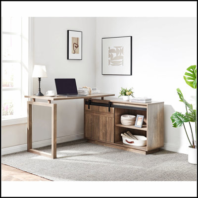 Poste de travail en L avec crédence de rangement, porte de grange coulissante et conception réversible pour bureau à domicile au fini noisette