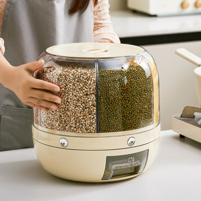 Rotating Rice Dispenser – 6-Compartment Moisture-Proof Grain Storage Container with One-Touch Dispensing for Rice, Beans & Pet Food （13 lbs,Cream White）