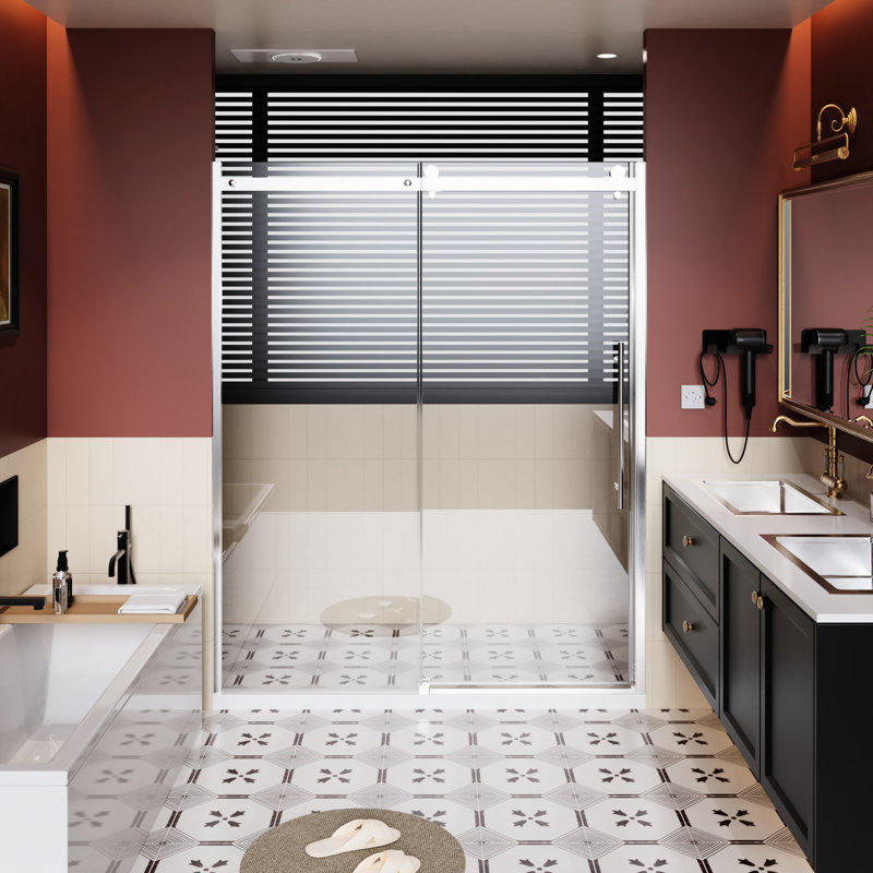 60 In W Single Sliding Shower Door 72 H With 1/4 Inch Thick Clear Tempered Glass, Aluminum Alloy Rail, Zinc Rollers - Stain Surface, Smooth X Roller Rail System, Stainless Steel Handle, Adjustable