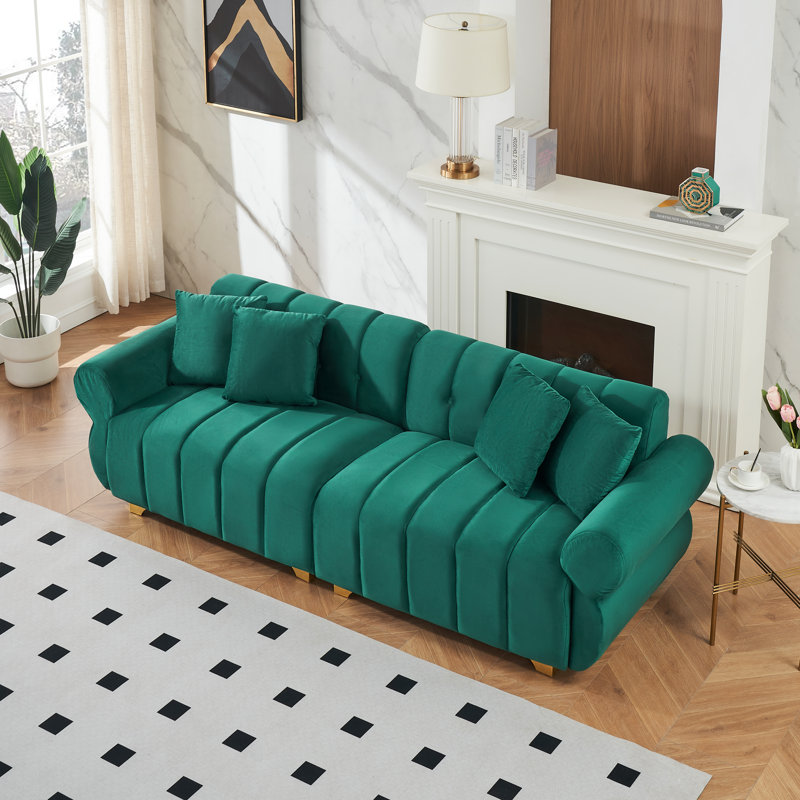 An 89-Inch Cloud-Shaped Velvet Sofa, A Three-Seater Living Room Sofa, Equipped With Golden Metal Footrests, Green