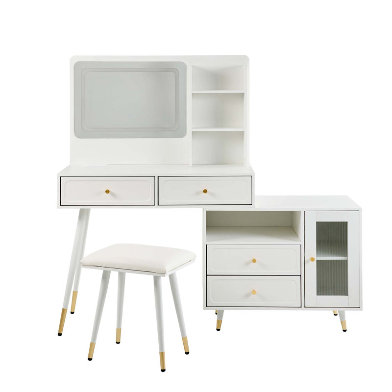 Bureau de coiffeuse moderne avec miroir et lumières, coiffeuse rétractable avec tiroirs et armoire, ensemble de table de maquillage compact avec prise de courant pour chambre à coucher