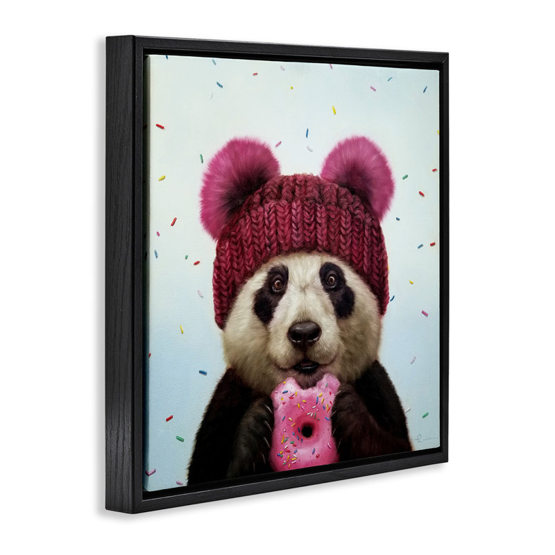 «Happy Panda Bear with Donut» par Lucia Heffernan, Cadre flottant noir de jais, H 18 po x l 18 po
