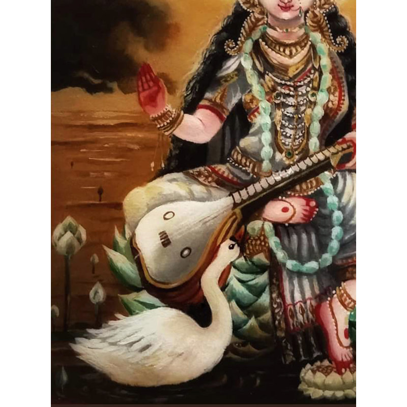 Déesse assise Saraswati | Acrylique sur toile | Par Debasish Mazumder