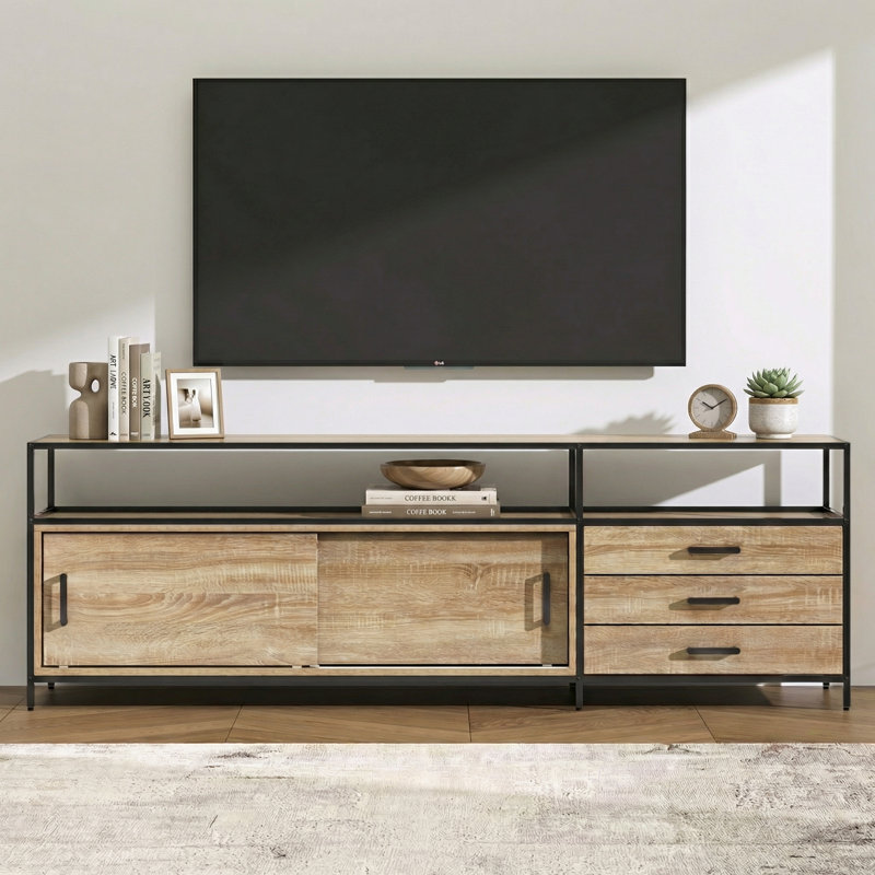 70.86" TV Stand for TVs up to 80", Modern Media Console with Sliding Doors, 3 Drawers, Steel Frame & Large Storage Cabinet