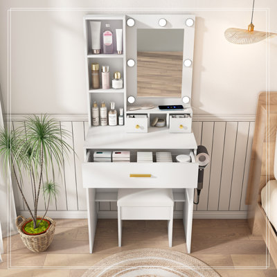 Vanity Table with Mirror, Adjustable LED Lights, Power Outlet, Hairdryer Holder and Stool
