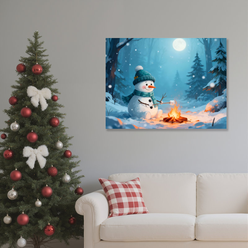 «Snowman Campfire Winter», art mural sur toile, H 12 po x l 18 po