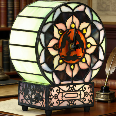 Tiffany Style Stained Glass Desk Clock And Table Lamp With Lotus Flower And Three Hares Design, Handcrafted Copper Foil Art Decor