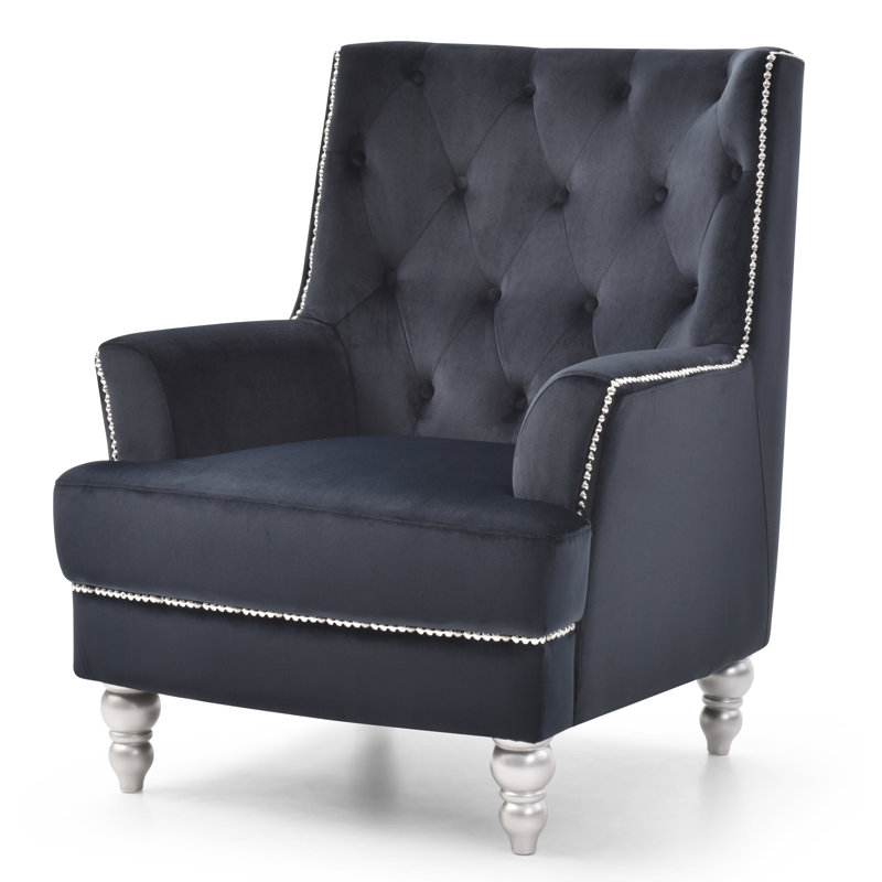 Black Velvet Accent Chair with Wood Legs