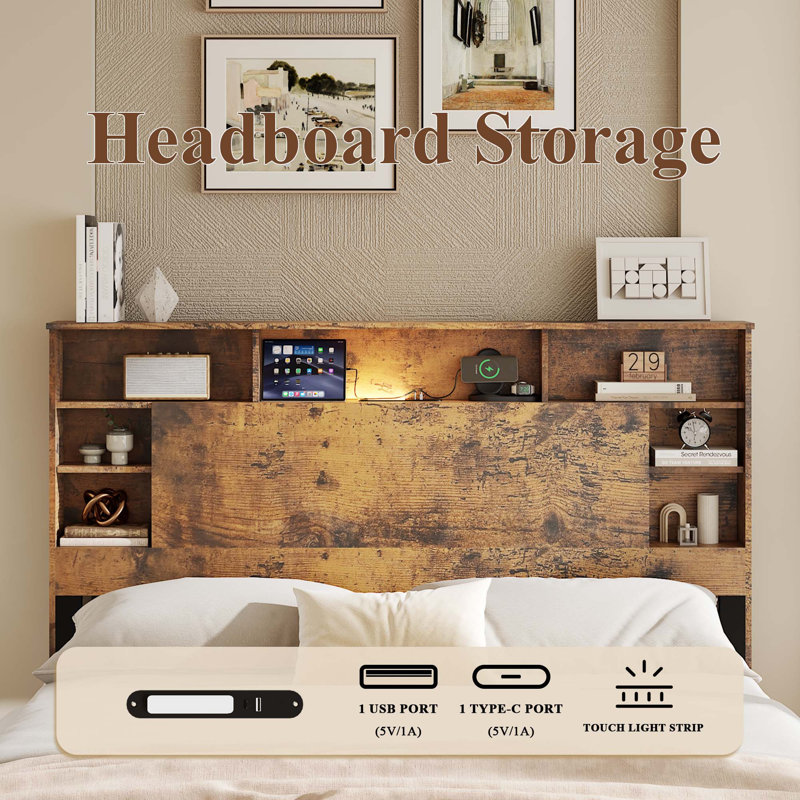 Cadre de lit avec tête de lit avec rangement, cadre de lit plateforme en bois avec station de charge, lumières DEL et bibliothèque