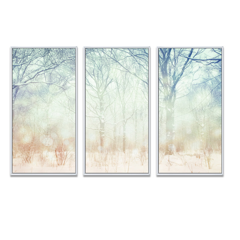Winter with Foggy Forest - Ensemble de 3 reproductions sur toile, H 20 po x l 36 po x P 1 po, Cadre blanc