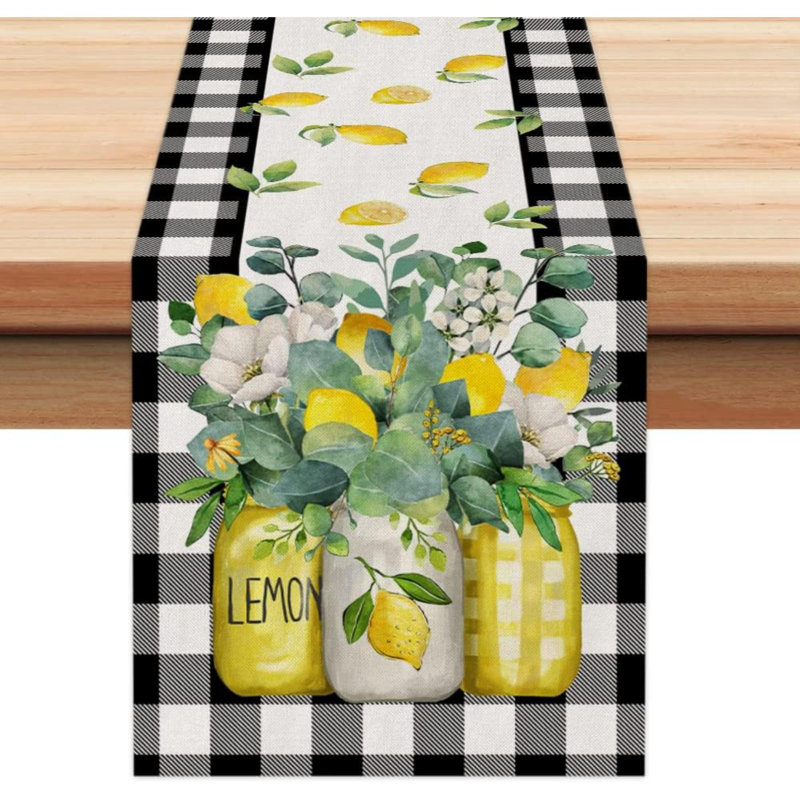Black Buffalo Check Summer Table Runner 72 Inch, Lemon Vase Spring Farmhouse Rustic Holiday Runners Kitchen Dining Table Decoration For Indoor Outdoor Dinner Party Décor