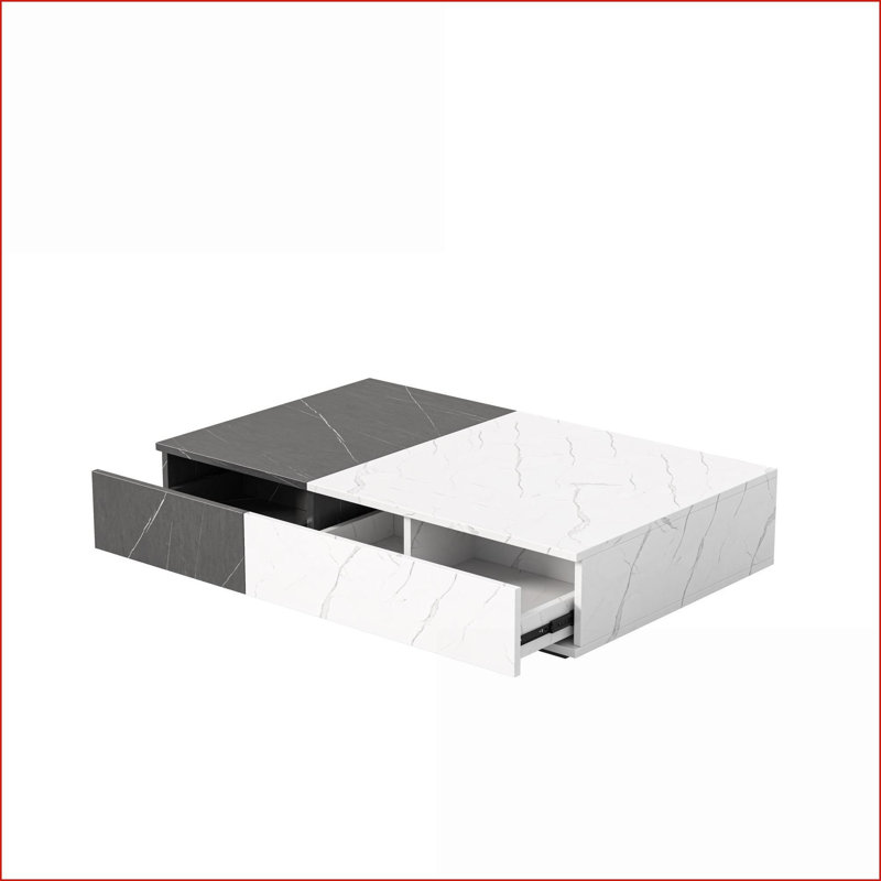 Noir moderne Table basse en marbre blanc avec 2 espaces de rangement, peu encombrante pour le salon