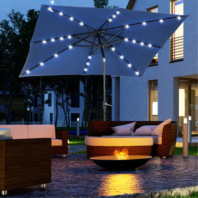 Parasol solaire 9 'x 7' avec éclairage à DEL, inclinaison et manivelle pratique, pour les espaces extérieurs de jardin, terrasse, cour, piscine, plage - Housse de protection à DEL bleue, manivelle, etc.