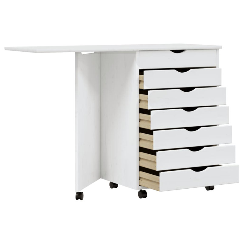 Jennavecia vidaXL MOSS 7-Drawer Chest with Desk & Wheels, Solid Pinewood, 41.5"x15.4"x29.3", White