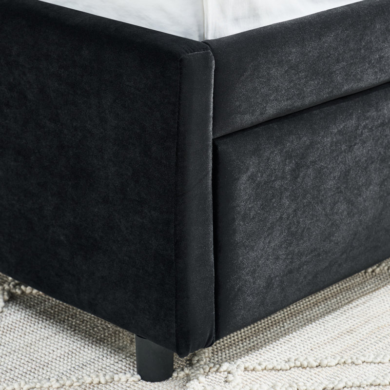 Lit tapissier double en velours noir avec lit gigogne, dossier et accoudoirs confortables, rayures verticales, convient à plusieurs espaces de chambre à coucher, facile à assembler, lit de jour à cadre en eucalyptus robuste,