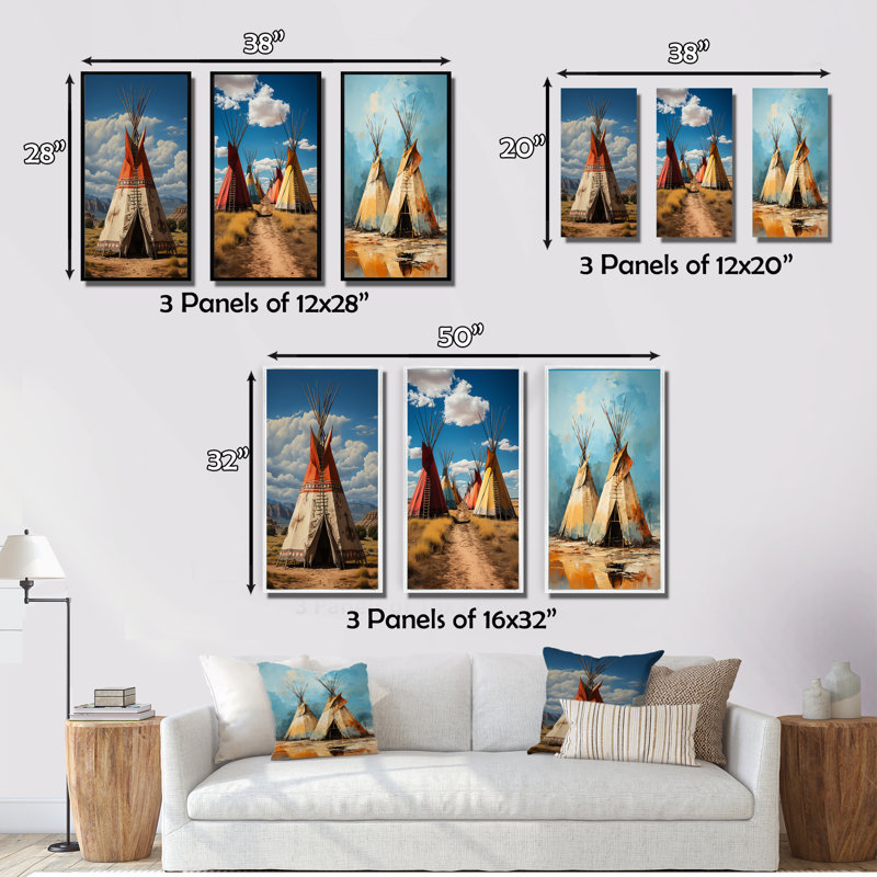 «Coral Native Tipi Sage Wisdom», 3 pièces sur toile, Cadre flottant noir, H 32 po x l 48 po