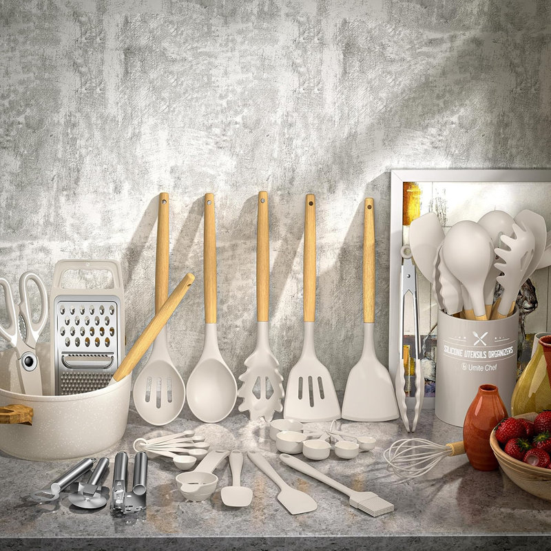 Ensemble d'ustensiles de cuisine en silicone 34 pièces, résistant à la chaleur antiadhésif, lavable au lave-vaisselle, sans Bpa, kaki
