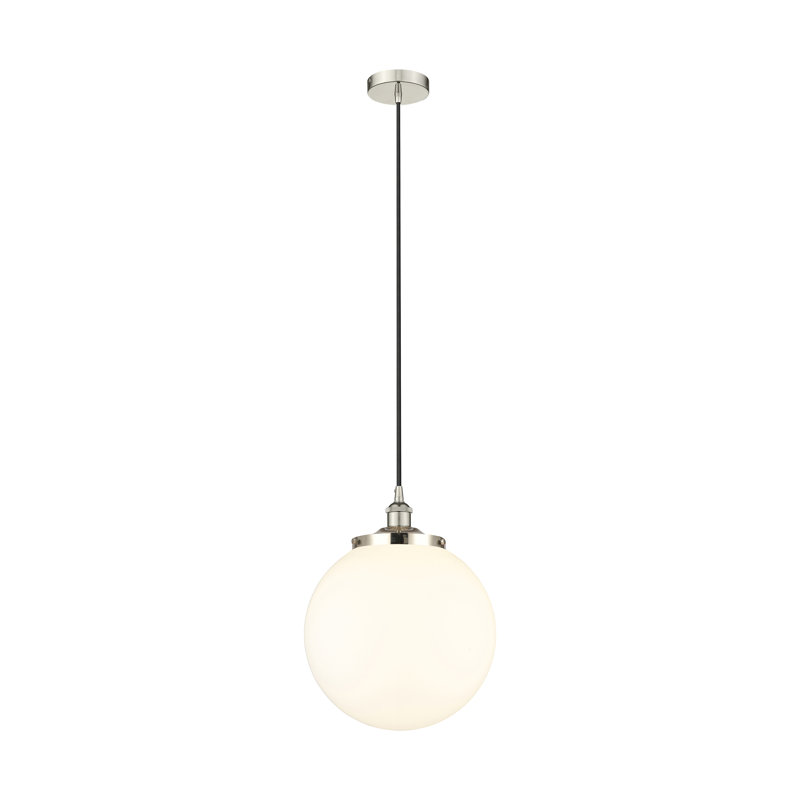 Luminaire suspendu simple à 1 lumière Alfonsa, Blanc mat, Nickel poli