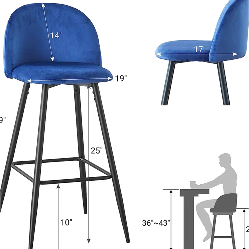 2Pcs Velvet , Counter Bar Chair With Back. Metal Construction & Footrest. Blue Seat. Easy Assembly For Kitchen Area Of 2 Stools, Height . Strong Legs Upholstery.