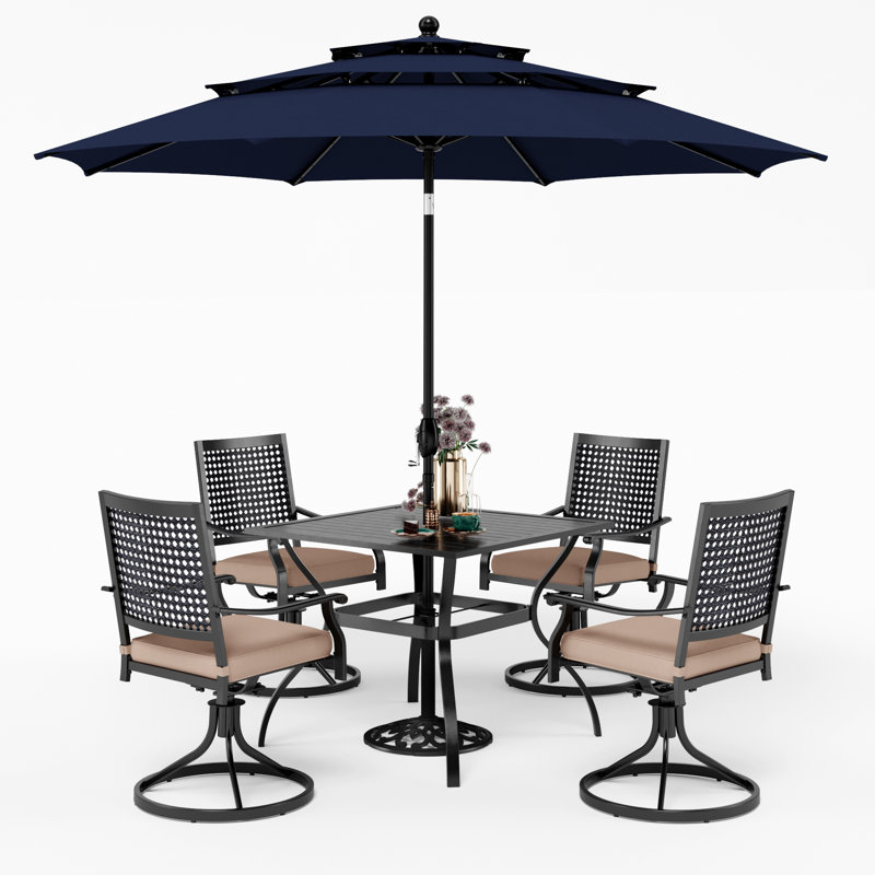 Ensemble de salle à manger pour 4 personnes 37 "avec coussins et parasol Leonard Square, Bleu marine
