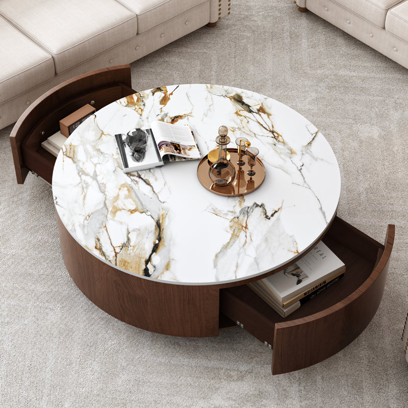 Table basse 35,4 po moderne en faux marbre avec 2 tiroirs et plateau en pierre frittée, table basse ronde rustique avec placage en noyer