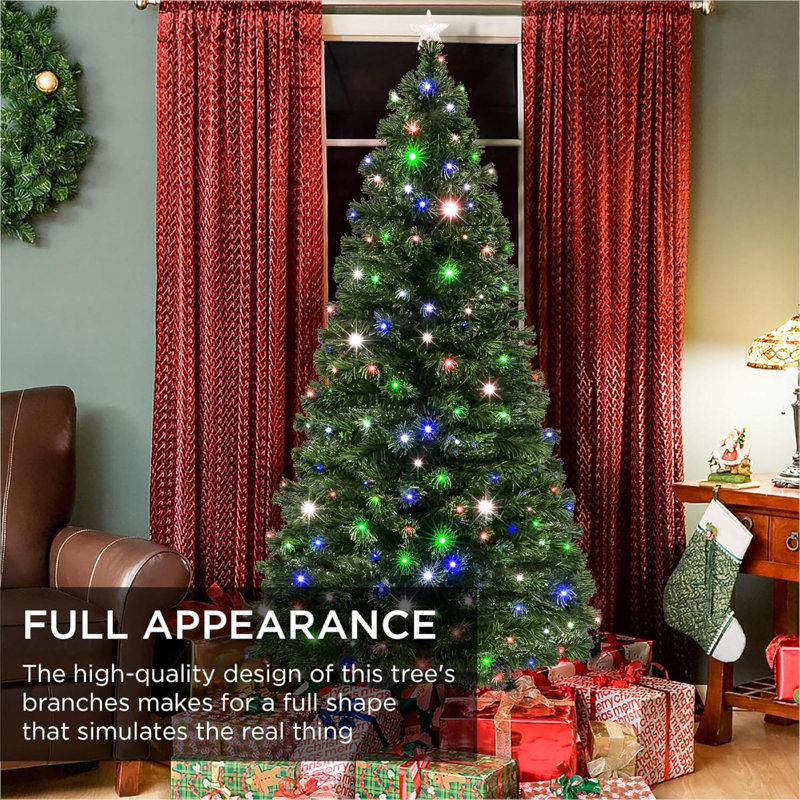 Arbre de Noël artificiel en fibre de pin pré-éclairé avec lumières DEL multicolores, 8 pièces, support pliable, 7'
