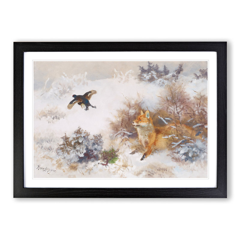 Fox and Black Grouse by Bruno Liljefors - Picture Frame Painting, 36cm H x 48cm W x 2cm D, Black Framed