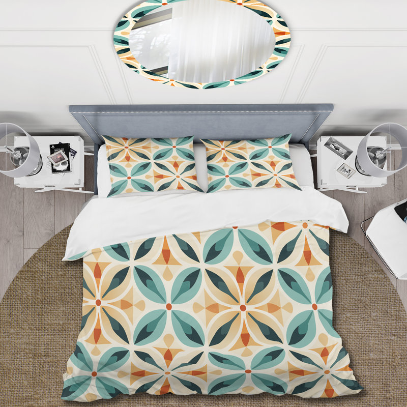 Ensemble de housse de couette en microfibre bleu et orange, Housse de couette simple + 1 taie décorative stan, Floral