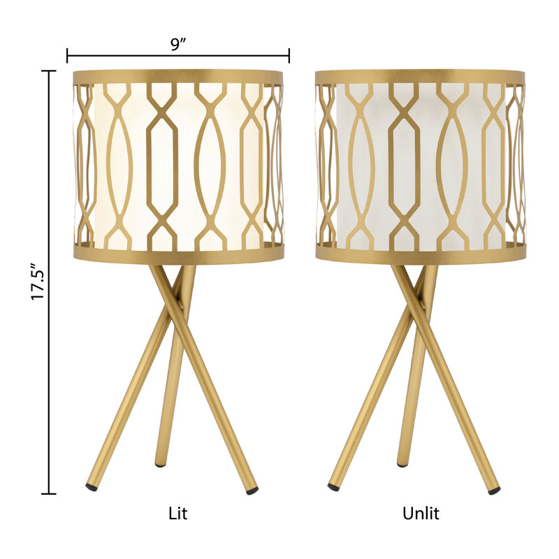 Ensemble de 2 lampes de table à trépied en métal peint en or de 17,5 po de hauteur avec abat-jour en métal doré et tissu blanc