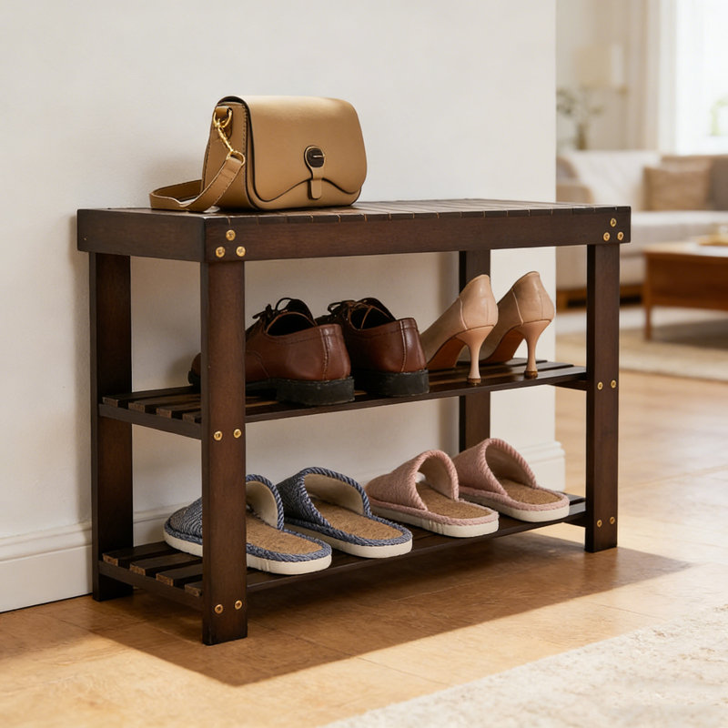 Bamboo Shoe Bench With 3-Tier Storage, Brown