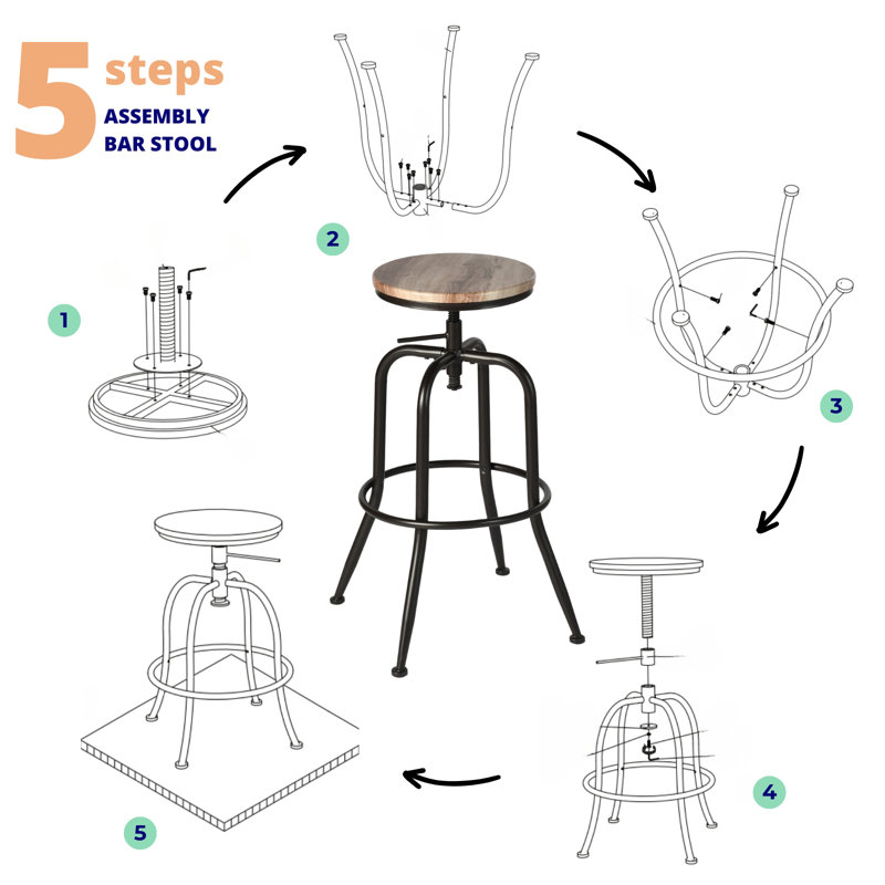Tabouret de comptoir réglable en hauteur avec structure en métal pour îlot de cuisine Laxton, Chêne