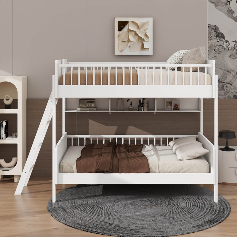 Twin Size Bunk Bed With 3 Storage Shelves,Ladder Can Be Changed Left Or Right, White