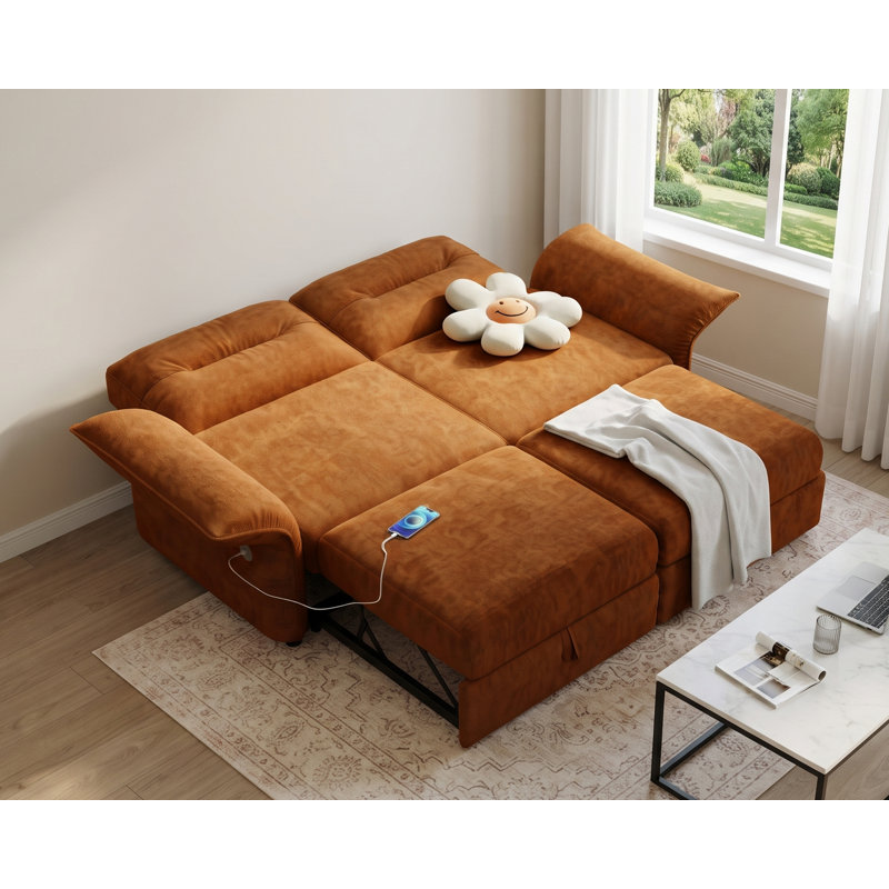 Canapé-lit convertible 3 en 1 en velours orange de 85 pouces avec port de chargement USB et accoudoirs réglables