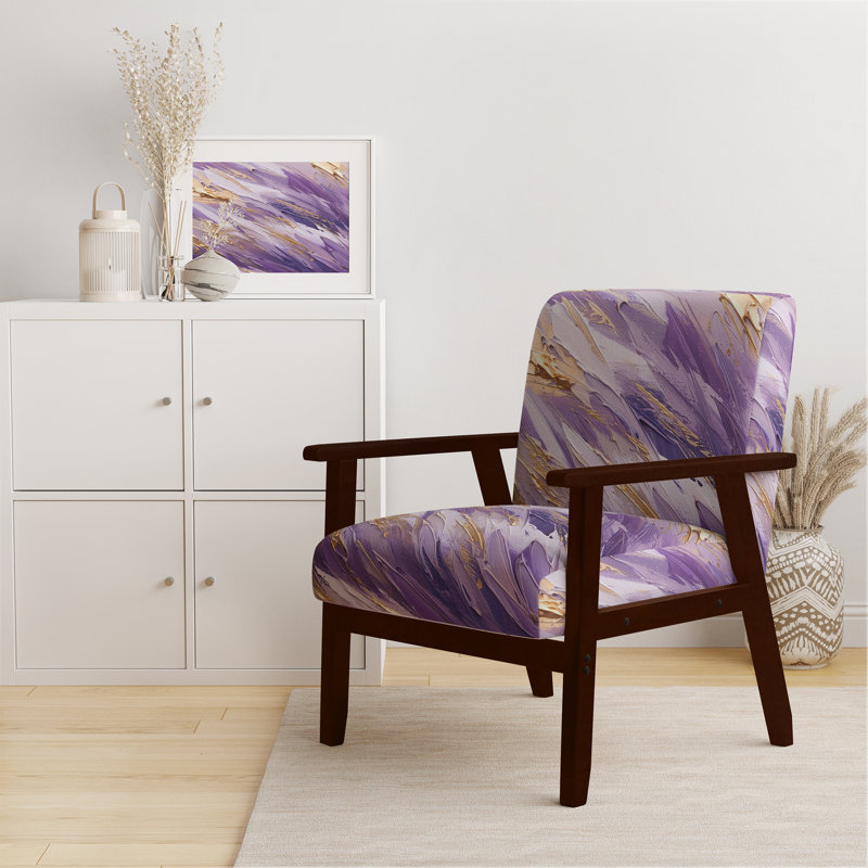 Purple And Gold Dynamic Abstractions II - Upholstered Modern Arm Chair, Brown Square Arms