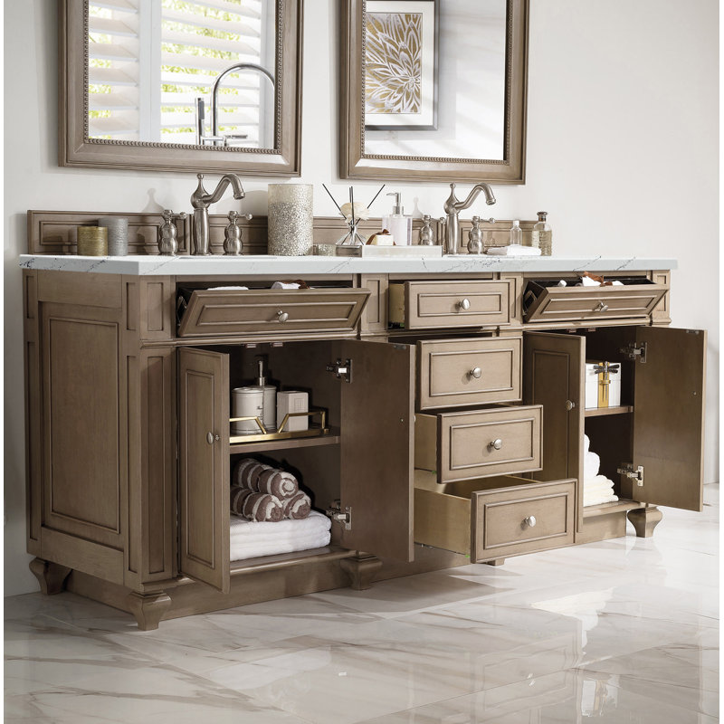 Bristol 72'' W Double Vanity, Whitewashed Walnut, Ethereal Noctis, 8" Widespread