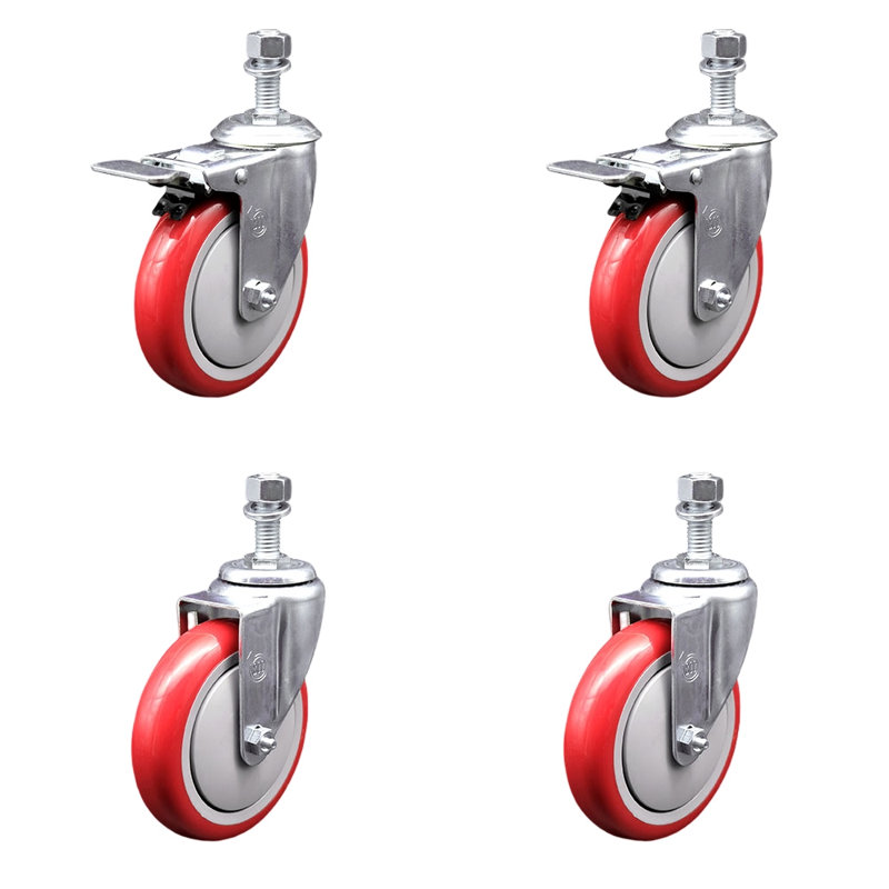 Ensemble de roulettes à tige pivotante en polyuréthane de 5 pouces et demi-frein, Rouge