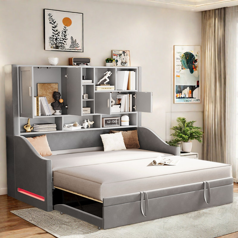 Upholstered Daybed With Led Armrest Lights, Storage Shelves And Cabinets, Gray
