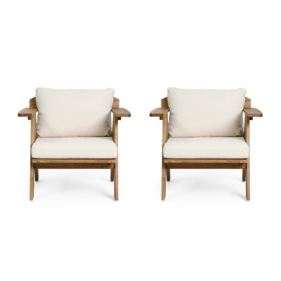 Outdoor Acacia Wood Club Chairs with Beige Cushions (Set of 2) - Weather Resistant Patio Seating