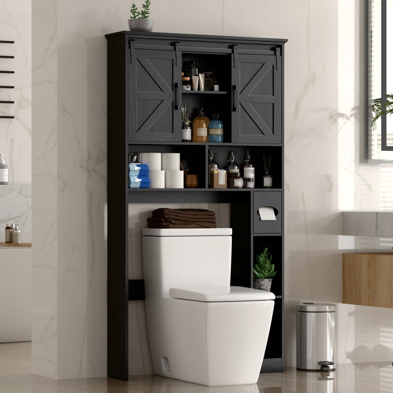 Over The Toilet Storage Cabinet,Farmhouse Space-Saving Toilet Rack With 2 Sliding Barn Doors, Black
