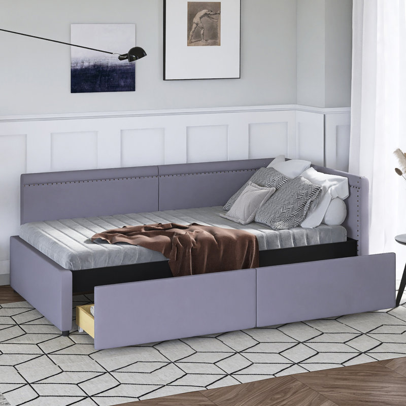 Lit de jour simple en L tapissier avec 2 tiroirs, Gris