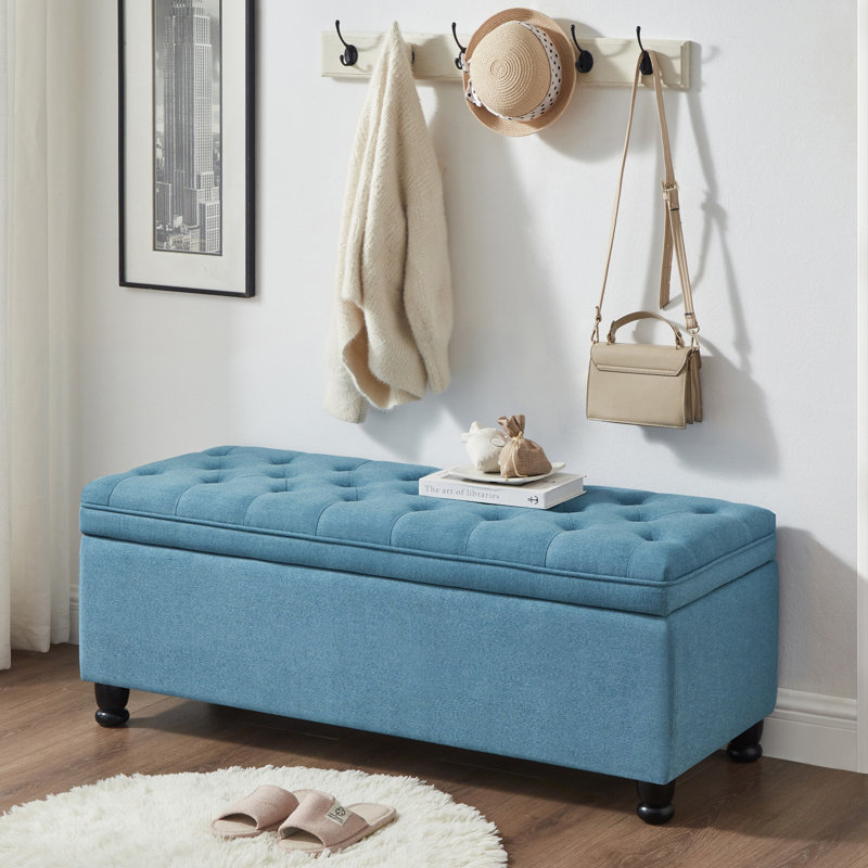 Banc de rangement rembourré capitonné, Bleu clair
