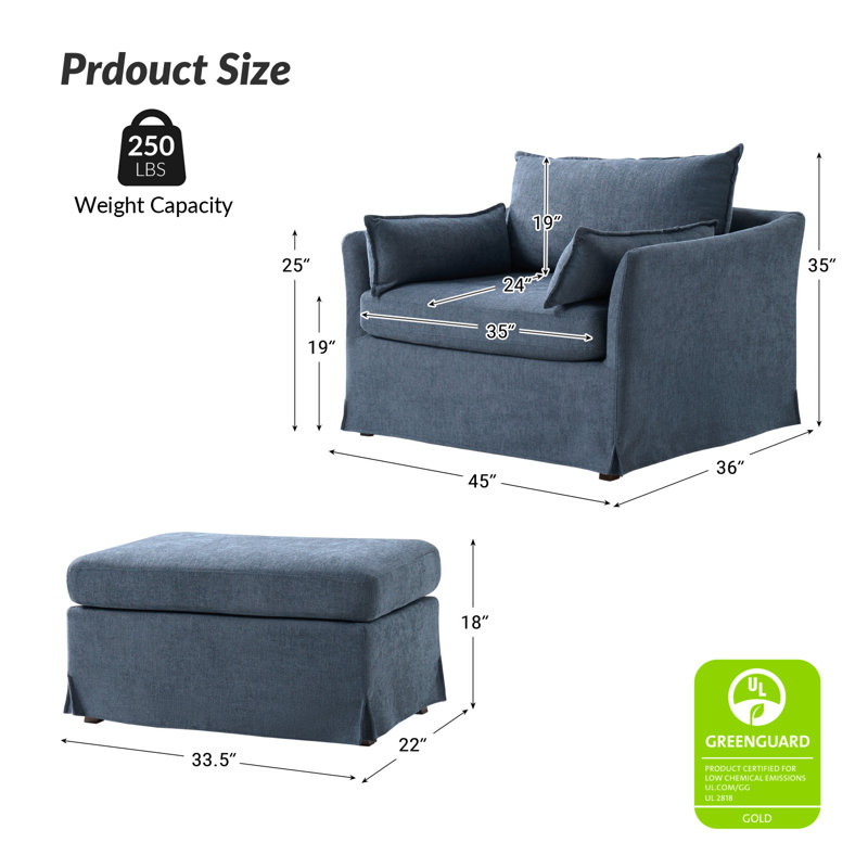 Cario 45"W Farmhouse Oversized Slipcovered Armchair with Casters and Ottoman, Blue Polyester